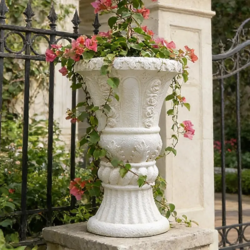 Elegant Outdoor Flowerpot European Style Beige Crafts for Plants Decorative Statue Pot with Drainage Holes Ideal for Yard Garden Balcony Decor