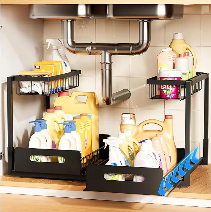 2-Pack 2-Tier Pull-Out Under Sink Organizer, Slide-Out Cabinet Storage Shelf, Multi-Purpose Home Organizer for Kitchen, Bathroom