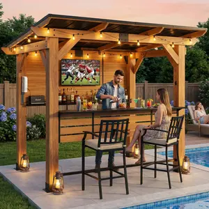 CHARMELEON Cedar Wood Entertainment Bar Center 6x8 FT with Metal TV Mount Serving Bar Paper Towel Holder Bottle Opener for Outdoor Grill Gazebo Patio Garden