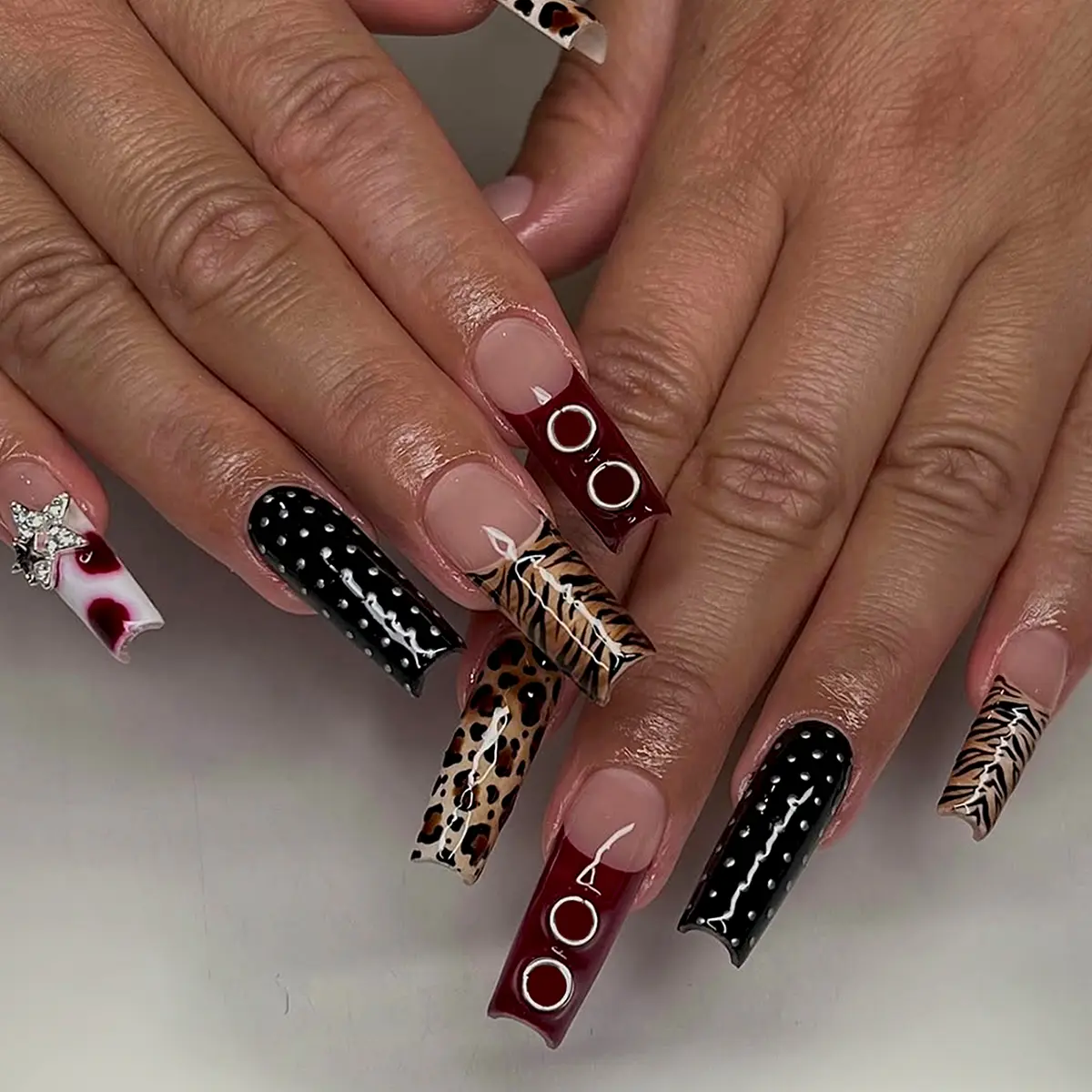 24pcs long square press on acrylic nails with wild leopard print, black stripes, Y2K red French edge, Decorative nails, fake nails, Nail Art