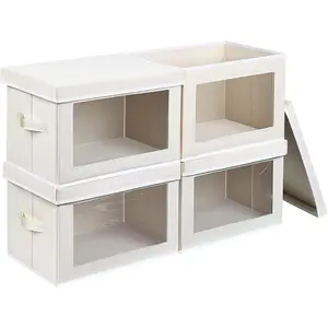 Bins with Lids, Large Storage Cubes Bins for Organization, Decorative Storage Boxes Baskets for Organizing, Closet Organizer Bins for Home, Office, 4 Packs, Beige