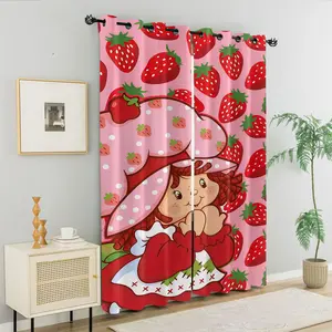 Adorable Lolita Style Strawberry Girl Curtains, Whimsical Strawberry Princess Curtain, Sweet Fairy Strawberry Girl Curtain, Cute Cartoon Girl with Strawberries & Polka Dots Print, Perfect Gift for Girls Bedroom Decor & Birthday Gifts