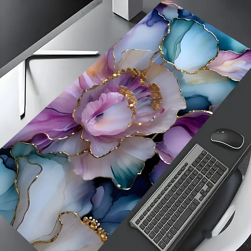 Gilded Blue Floral Ink Art Large Gaming Mouse Pad, Computer Mouse Pad, Washable Rubber Extended Desk Mat with Non-Slip Base, Girly Aesthetic Home Office Decor, Mouse Pads for Desk, Christian Gifts for Women, Keyboard Mouse Pad, Deskmat
