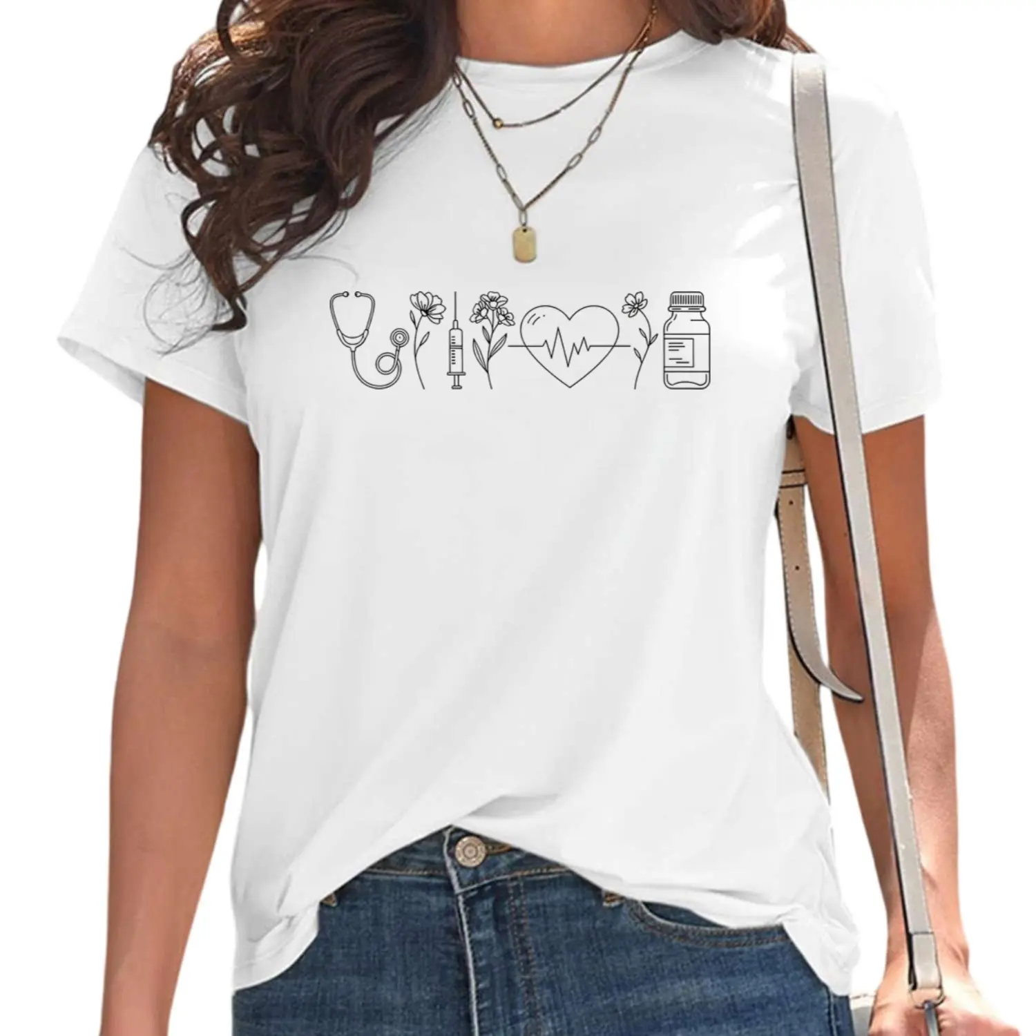 Women's Print Nursing Scrubs T-Shirt - Short Sleeve Crew Neck Top with Stethoscope, Heart Monitor & Syringe Symbols - Healthcare Uniform for Nurses, Doctors - Casual Attire for Hospital Staff - Machine Washable
