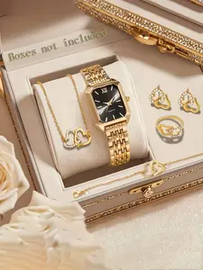 6-piece Elegant Women's Watch Gift Set, Fashionable Luxury Love Jewelry Set with Quartz Watch Set, Classic Retro Rectangular Dial, Comfortable Alloy Strap, Perfect Gift for Family and Friends, Box Not Included