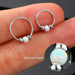 OUFER Body Jewelry 20G Unisex Opal Jewelry Hinged Segment Nostril Nose Ring - 316L Solid Metal, Smooth Polish, Semiprecious Opal Ball, 8mm-10mm Inner Diameter Nose Hoop