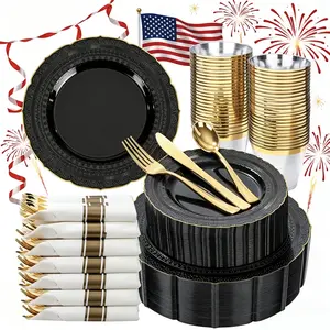 350PCS Black Lace Plastic Plates Gold Trim Disposable Set for 50 Guests 100 Plates 50 PreRolled Napkins with Cutlery 50 Cups Ideal for Wedding Party New Year & Independence Day