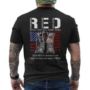 Red Remember Everyone Deployed American Flag Combat Boots Graphic Tee Unisex Top Vintage Streetwear Crewneck Short Sleeve Casual Summer Outfit Gift