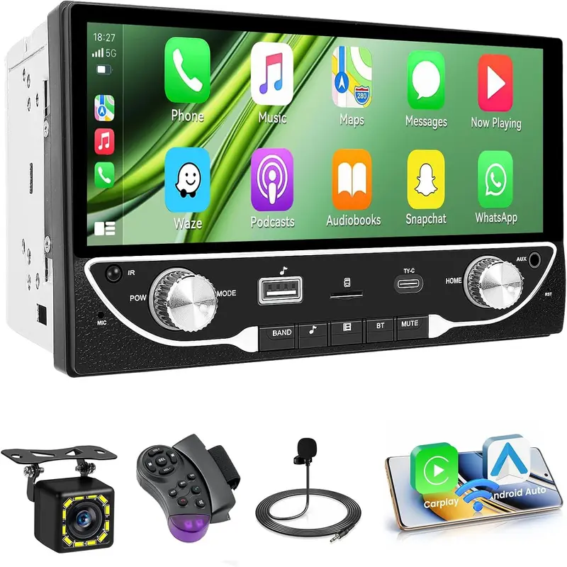 Hikity Double Din Car Radio with Wireless CarPlay Android Auto, Auto Radio with Bluetooth Hands-Free 6.86 Inch Touch Display Radio support DVR FM/EQ/AUX+Rear View camera
