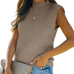 New solid-color sleeveless knitted vest for women, half-high neckline sweater