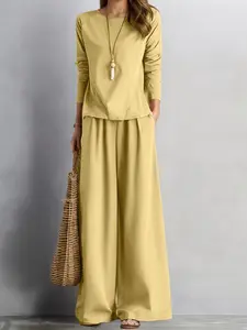 Women's Casual Solid Color Set, Round Neck Long Sleeve Hoodie with Button Back + High Waist Wide Leg Pants with Pockets, Womenswear