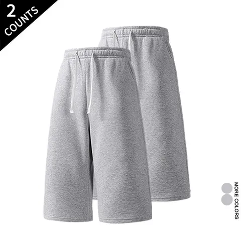 Men's 2-Pack Basic Menswear Athletic Shorts - Polyester Mid-Waist Gray Bermuda Shorts, Elastic Waistband with Drawstring, Loose Street-Style Unisex Bottoms