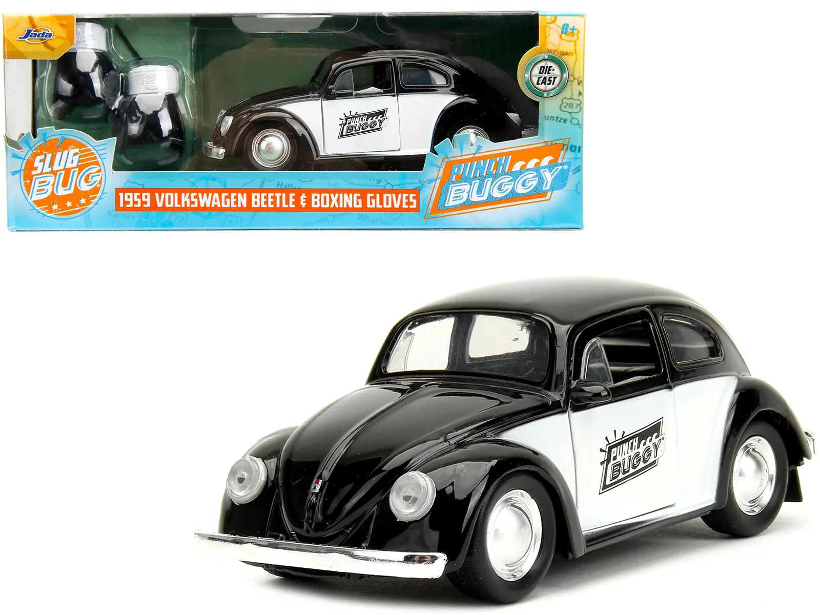 1959 Volkswagen Beetle "Punch Buggy" Black & White & Boxing Gloves Accessory "Punch Buggy" Series 1/32 Diecast Model Car by Jada