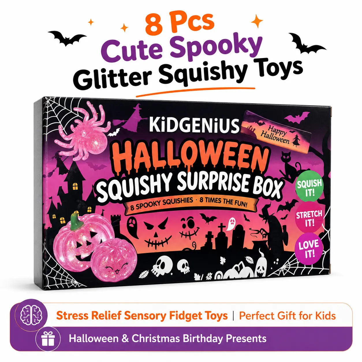 KIDGENIUS Halloween 8-Pack Squishy Toys, Malt Sugar Slow-Rebound Stress Relief Fidget Toys, Spooky Sensory Bundle, Halloween Party Gift, 8 Different Horror Styles