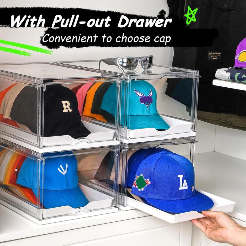 【New Arrrival】Vtopmart Hat Organizer for Baseball Caps,clothing with Clear Holder Box, Large Cap Storage with Sliding Tray, Stackable Rack Display Case & Magnetic Door, New Year Hauls
