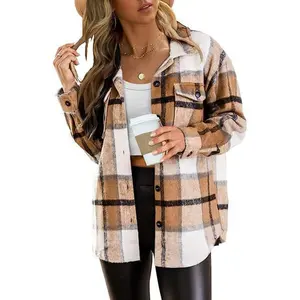 Womens Fall Outfits Fashion Clothes Shackets Flannel Plaid Button Down Long Sleeve Shirts Jackets Can be used with a raincoat