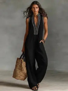 Women's Linen Blend Sleeveless Jumpsuit with Zipper – Embroidered Stand Collar Casual Summer Vacation Outfit