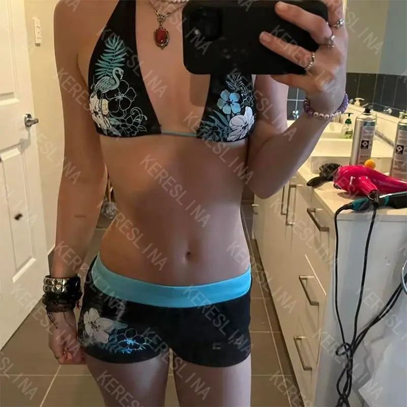 2000s retro aesthetic women's bikini set street original casual versatile summer new cute flower pattern print sexy women shorts