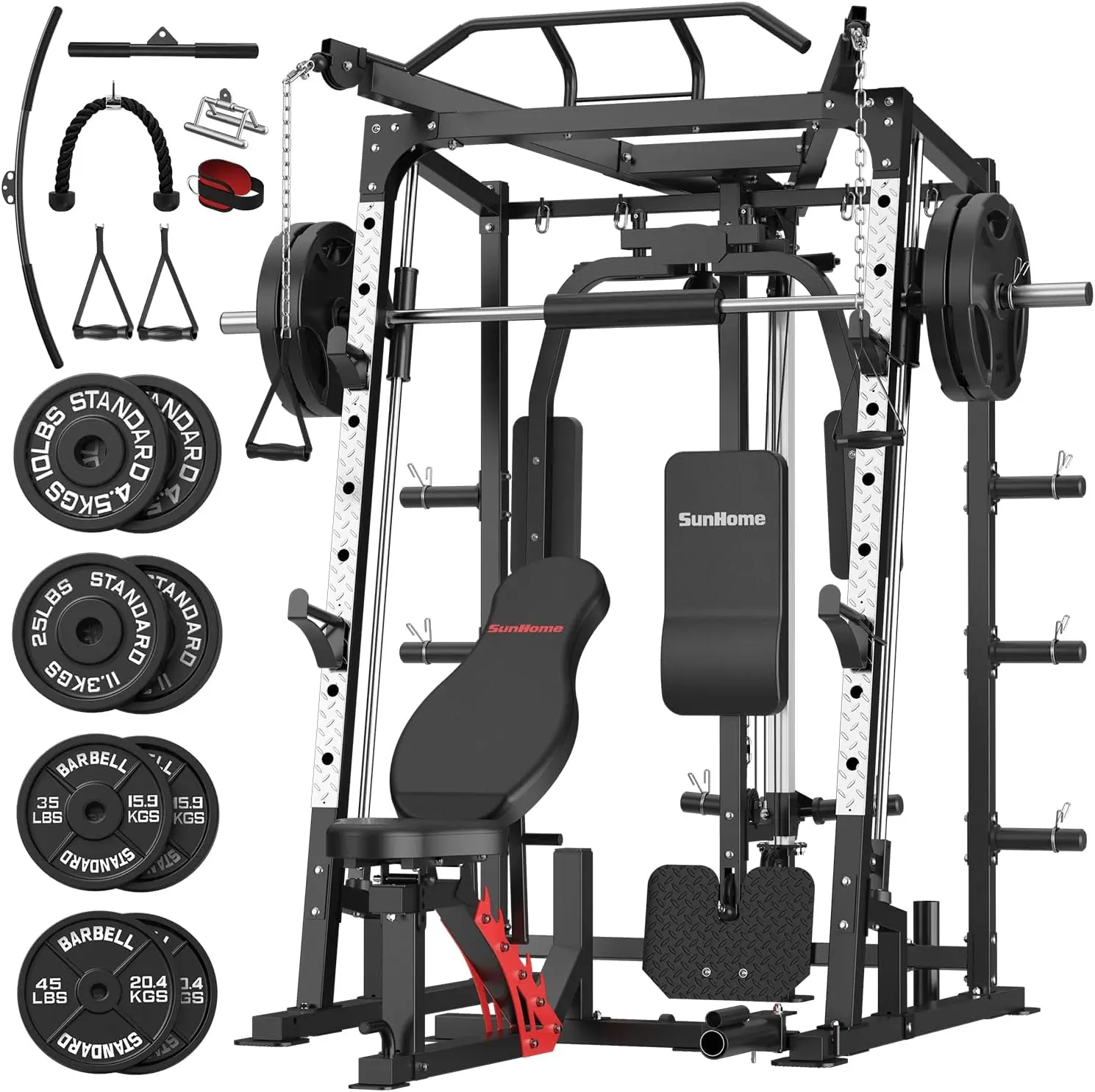 SunHome Smith Machine Strength Training Equipment - 2000LBS Power Cage Squat Rack with Smith Bar, Lat Pulldown System, Cable Crossover Machine, Additional Cable Attachments for Home Gym Weightlifting (Olympic Weight Plates Compatible)