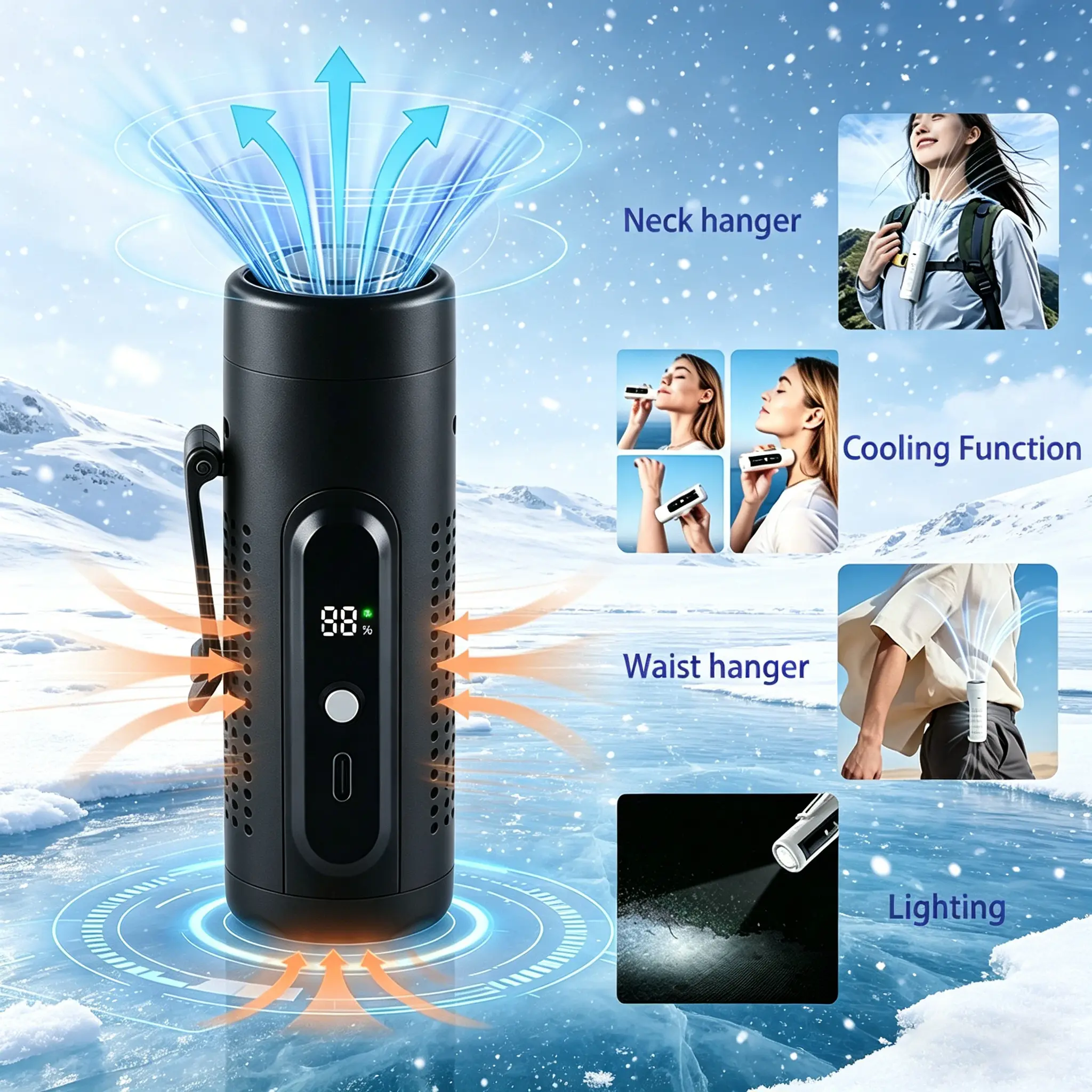 Cordless Portable USB Fan with Cooling Function, 20000RPM Brushless Motor, 5000mAh Ultra-Long Battery Cells, 5 Wind Speed Settings, LED Light, USB Port, Compact Clip-On Design for Neck, Belt, Desktop, Indoor & Outdoor Camping, Construction Sites
