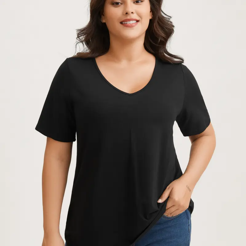 BloomChic Women's Plus Size Short-Sleeve V-Neck Cotton T-Shirt [M-6X], Soft Breathable Relaxed Fit Basic Tshirt, Clothes for Women for Casual Everyday OOTD, Back To School Pick