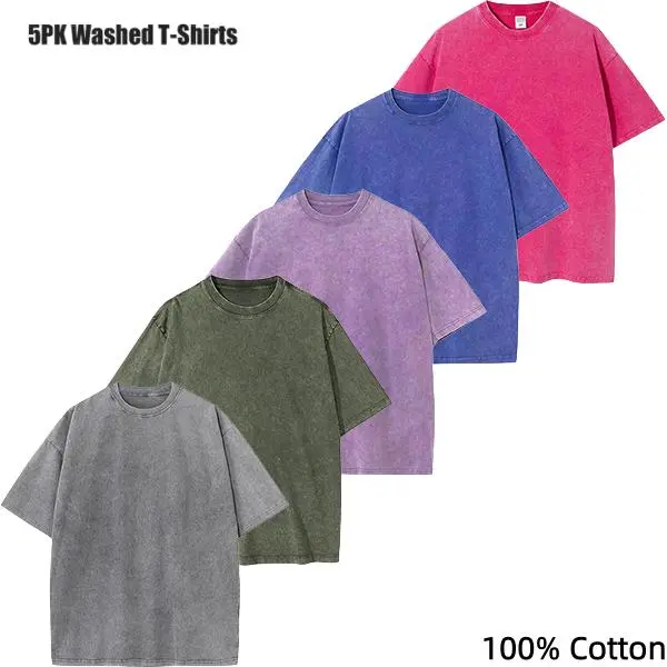 Men's 5-Pack 100% Cotton Distressed Vintage Acid Washed Oversized Drop Shoulder Crew Neck Tees - Solid Dyed Mineral Wash Basic Blank Short-Sleeve Tops for DIY Printing, Streetwear, Festive Casual Loose Fit