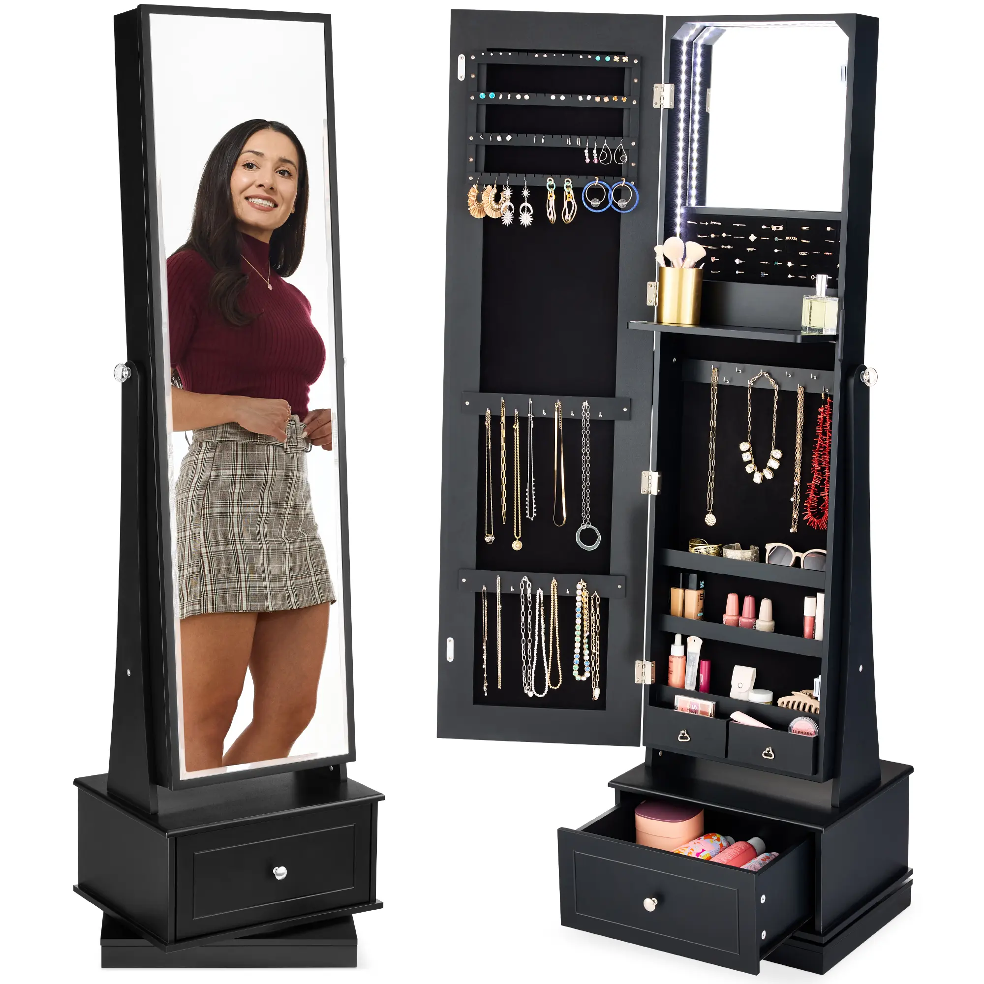 Best Choice Products 360 Swivel Standing Mirrored Jewelry Cabinet, LED-Lit Makeup Organizer w/ Mirror
