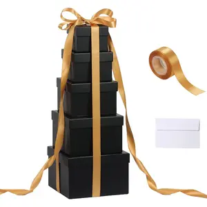 5 Pack Large Square Nesting  Boxes with  for Presents, 4"-8" Black Stacking  Box with Ribbon Card for Wedding Birthday Party Valentine Christmas