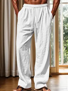 Summer Men's Casual Linen Pants, Elastic Waist Straight Leg, Perfect for Indoor Gatherings, Outdoor Activities, Golf, Comfortable Fit, Casual Fit Trousers, Casual Streetwear Trousers