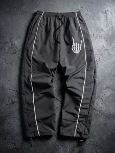 Men's Skeleton Finger Print Trendy Sporty Pants with Lines, Gym Workout Running Trousers with Side Pockets, Athletic Quick Dry Breathable Sweatpants, Drawstring Elastic Waist, Adjustable Cuffs