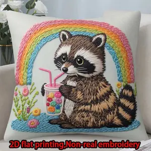 2D flat print 1pc short plush decoration single-sided pillowcase raccoon rainbow beverage non-real embroidery hand-washable and machine-washable multi-size pillowcase suitable for bedroom living room sofa(excluding pillow core)