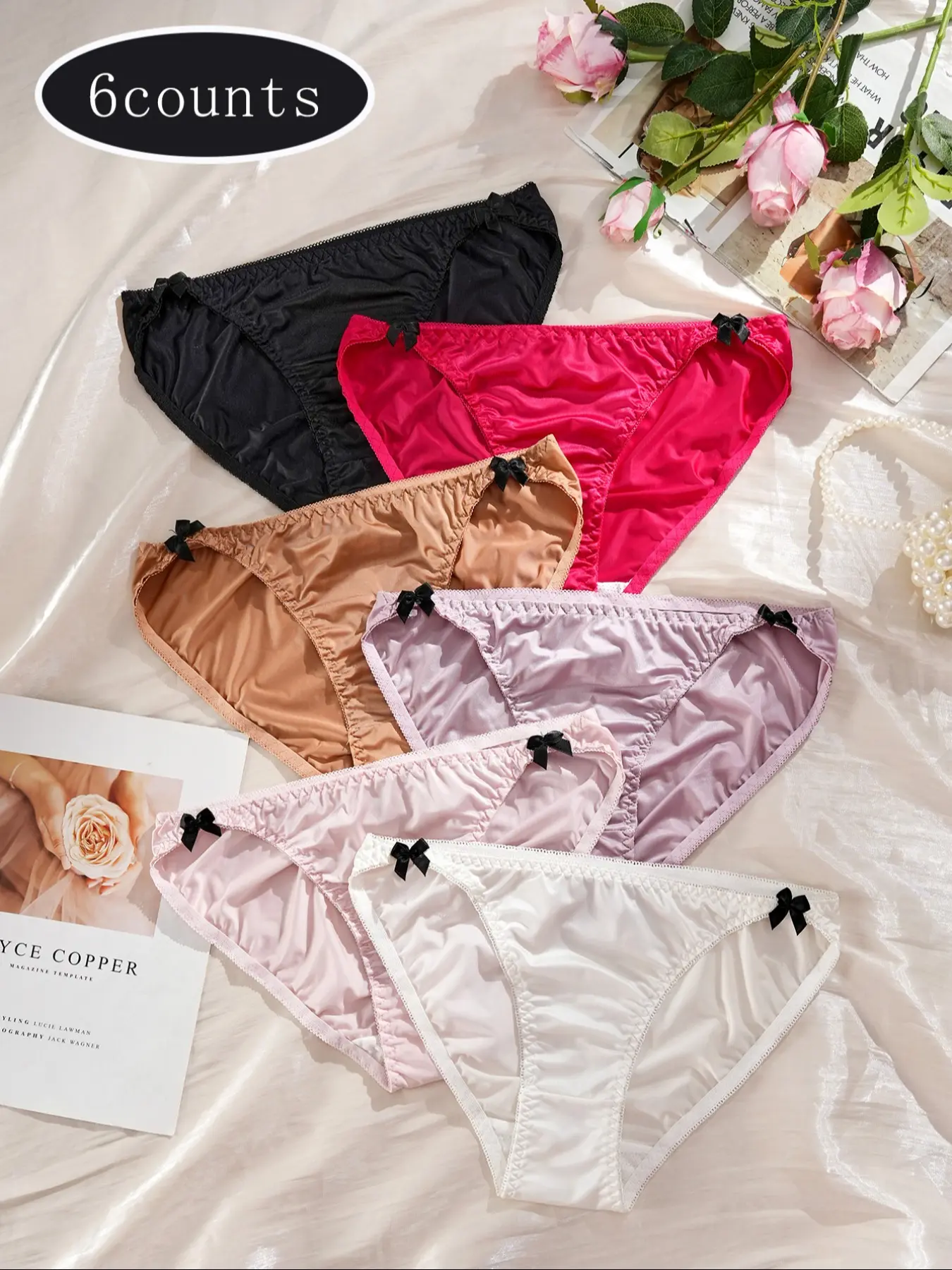 Women's Low Waist Cute Bow Fitted Stretchy Triangle Panties, High Nylon, 6 Pack, All Seasons Comfort Underwear, Soft Breathable Lingerie, Womenswear, Smooth Knickers