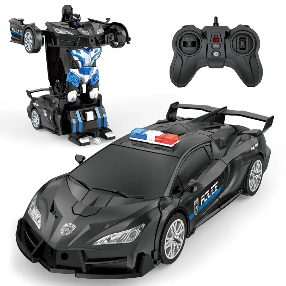 Remote Control Transforming Police Car Toy, Remote Controlled Vehicle, Rc Stunt Cars, LED Lights, One-Touch Transformation, 360° Spin Drift, Suitable for Kids 5-9 Years