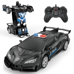Remote Control Transforming Police Car Toy, Rc Stunt Cars, LED Lights, One-Touch Transformation, 360° Spin Drift, Suitable for Kids 5-9 Years