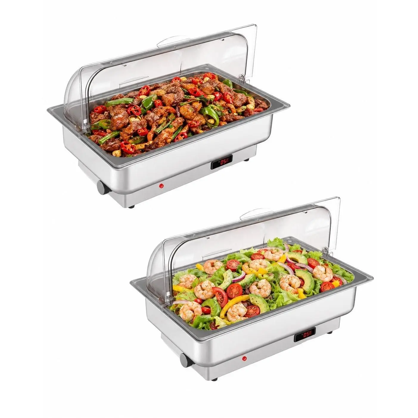 GARVEE 2-Pack Plug-In Power Electric Chafing Dishes Buffet Set - 9 QT NSF Stainless Steel Roll Top Chafer Server with Roll Top Lid, PC Cover, Stainless Steel Pans for Party, Wedding, Banquet