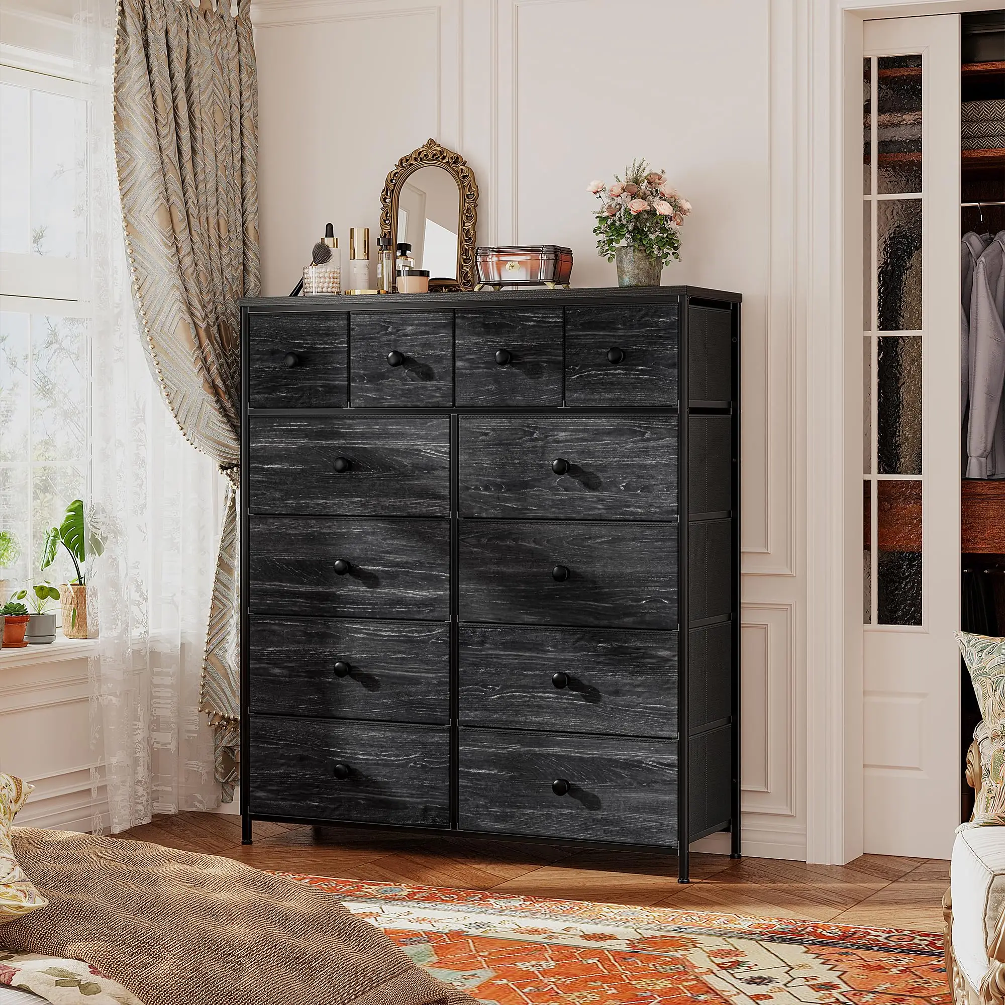 Raybee Furniture Dresser with 12 Drawers, Wooden Top Metal Frame Fabric Storage Organizer Cabinet, Tall Dressers for Girls Bedroom, Living Room, Hallw