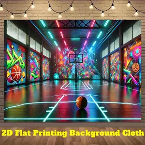 1pc Neon Basketball Court Banner - Graffiti Basketball Arena Backdrop with Hoop Design, Indoor/Outdoor Party Decorations, Photography Background for Sports Events, Birthdays, Live Streams - No Electricity Needed, Easy Hang Setup, Basketball Party