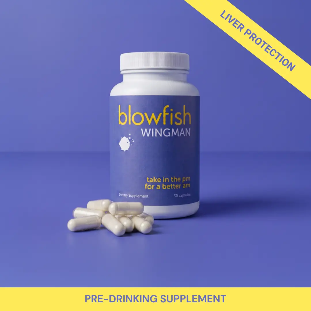 Blowfish Wingman Pre-Game Supplement | Hangover Aid | Pre-Alcohol Liver Support & Hydration | 1000mg DHM & L-Cysteine for Liver and Metabolism Support | 30 Capsules