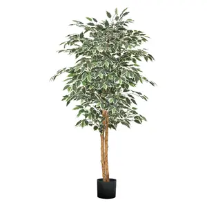 VEVOR 5FT Artificial Ficus Tree with Black Pot, Tall Faux Ficus Plant with Natural Wood Trunk and Realistic Green Leaves, Indoor Fake Silk Tree for Home, Office, Living Room, or Corner Décor