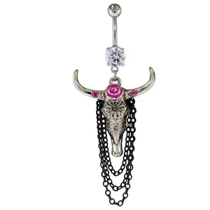 Floral Longhorn Skull Dangle Chain Belly Button Ring