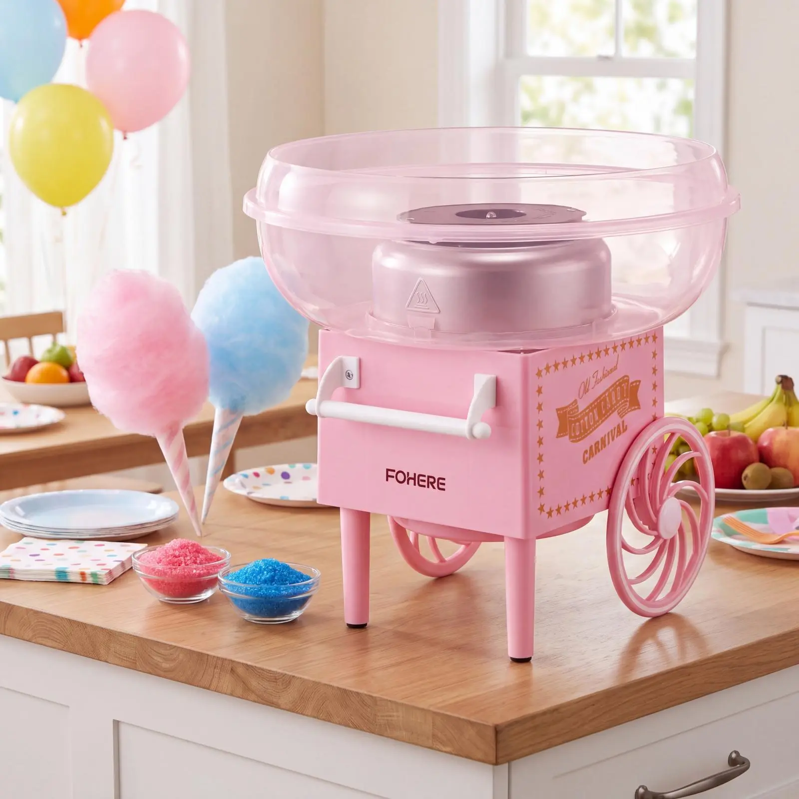 FOHERE Compact 500W Motor Retro Stainless Steel Electric Cotton Candy Machine, Corded Countertop Maker That Makes Fluffy Candy Floss, with Scoop & 10 Cones for Kids & Families, Birthday Parties