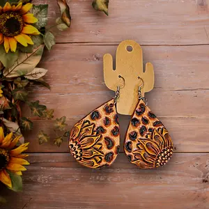 Sunflower & Leopard- Tooled Leather Earrings