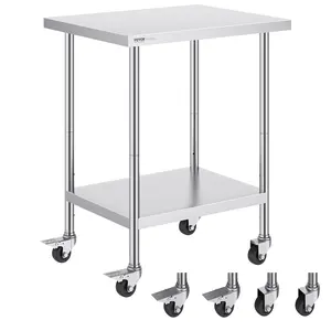 【fathersdaygift】VEVOR Stainless Steel Work Table 24x30x38 InSmooth-Rolling 4 Wheels3 Adjustable Height LevelsHeavy Duty with ShelfFood Prep Table for Commercial KitchenGarageSilver