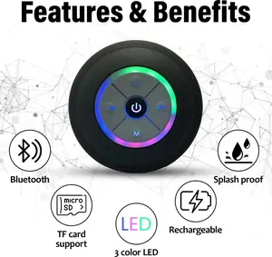 Mini Bathroom wireless speaker - audio, USB rechargeable button control, with suction cup, safe installation - wireless connection, Portable Shower Speaker with LED Light,Bluetooth,Waterproof Mini Bluetooth wireless stereo ortable
