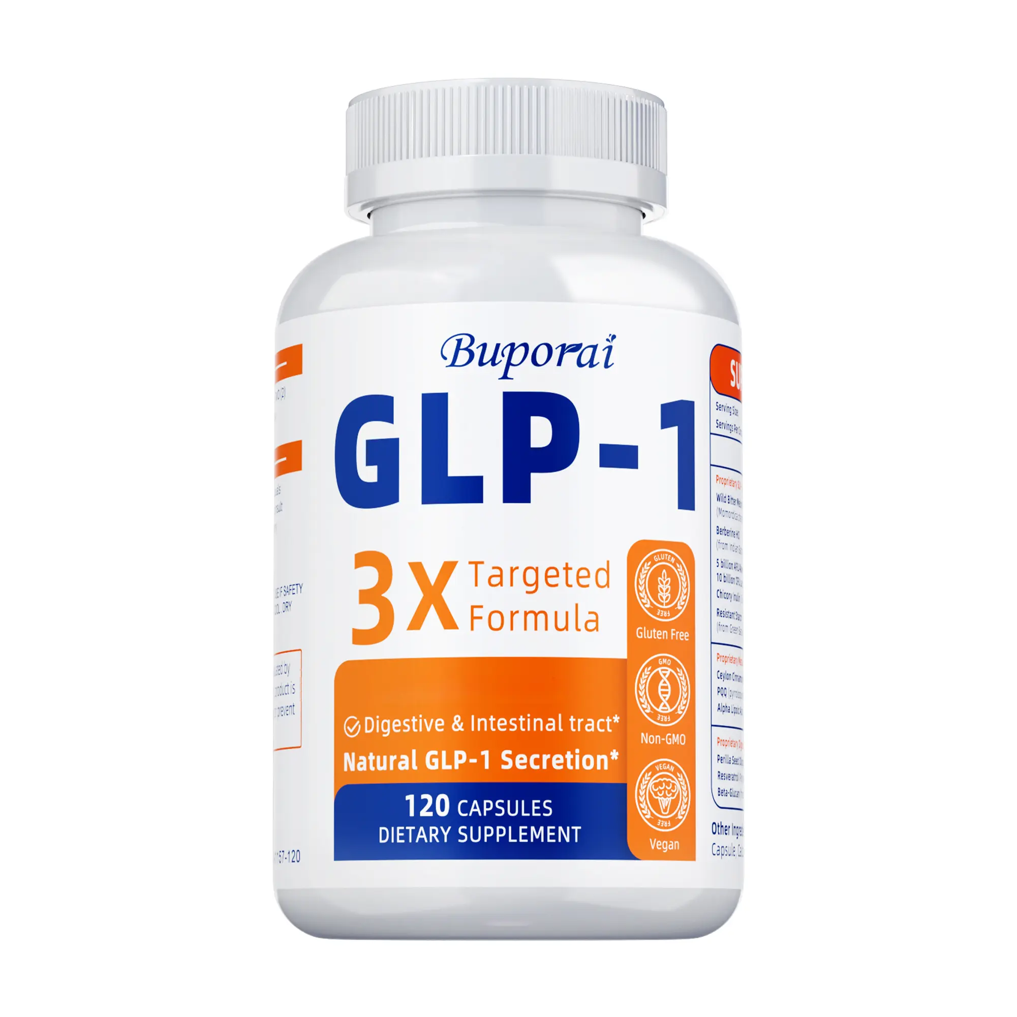 Buporai dietary supplement (60/120 capsules per bottle) is formulated with wild bitter melon peptides, berberine hydrochloride, chicory inulin, and Ceylon cinnamon extract to support digestive and gut health.
