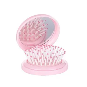 2-in-1 Hair Brush with Mirror & Massage Comb for Girls Women Kids Creative Gift Set with Holder Pink