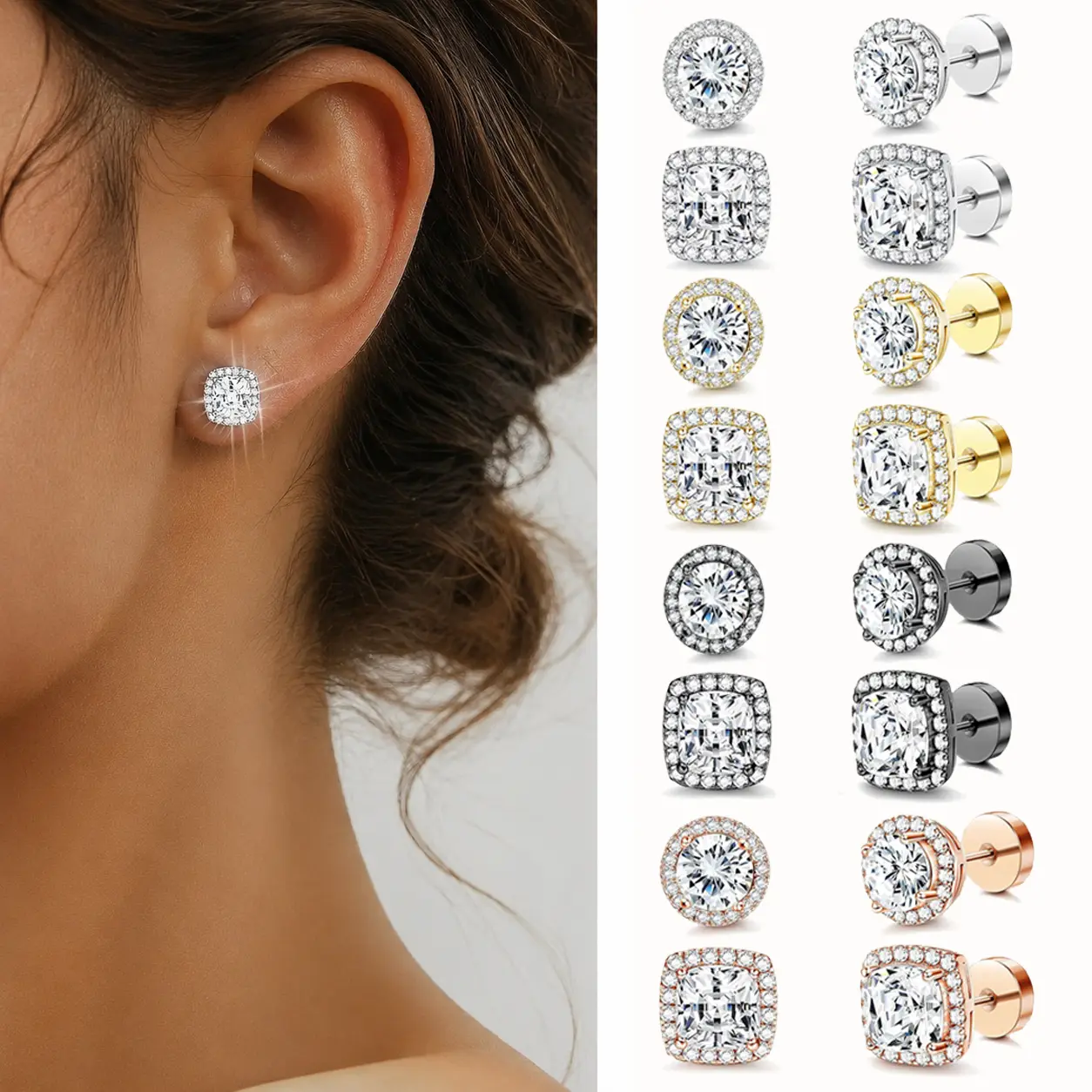 2Pairs Flat Back Round Square Stud Earrings for Men Women Large Big Cubic Zirconia Stud Earrings Mens Earrings Flatback Earrings