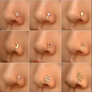 9PCS Non-Piercing Nose Ring Set – Adjustable Clip-On Jewelry for Men & Women, U-Shape Star, Heart, Crown, and CZ Rhinestone Designs, Gold Copper Nose Clips with Zirconia for Punk, Fashion, and Everyday Wear