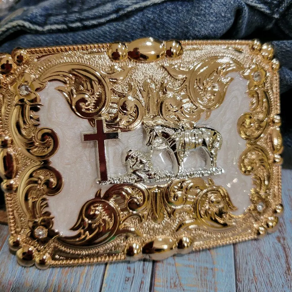 Praying Cowboy buckle Western Silver Rose Gold Buckle 4.5x3.0" Rodeo Cowboy Design for Upto 2" Belts Mother of Pearl  look Zinc Alloy