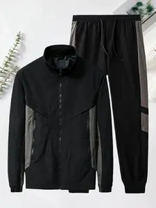 ELI Men's Patchwork Print Zip Up Jacket & Drawstring Waist Pants Two-piece Set, Regular Fit Casual Long Sleeve Funnel Neck Outerwear & Pocket Trousers for Spring & Fall, Men's Clothes for Daily Wear